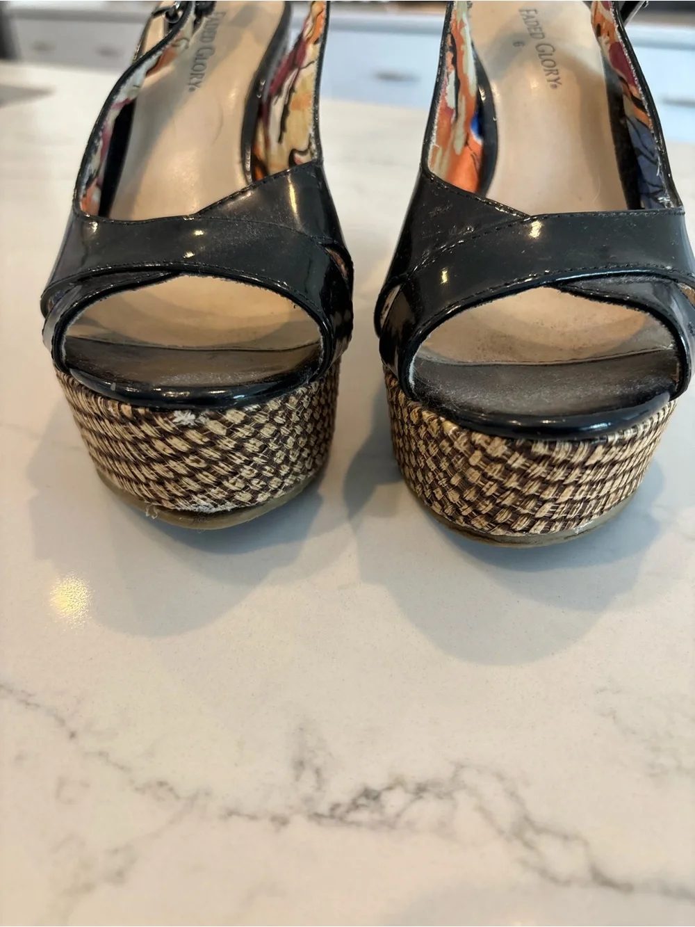 Faded Glory Black Patent Wedge Slingback Sandals SW